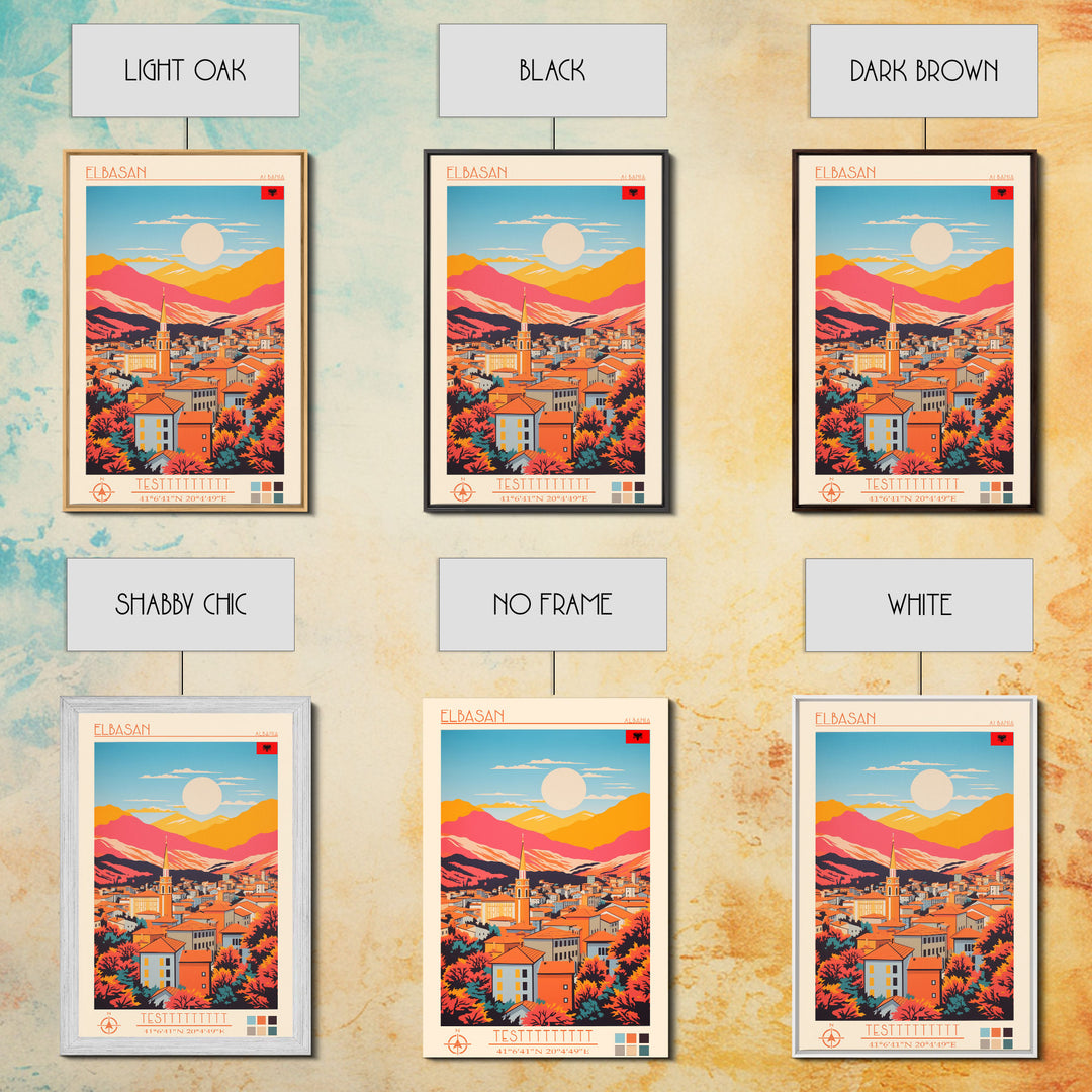 Elbasan Albania Travel Poster Framed Canvas Print, Midcentury Modern Art, Pop Art Wall Decor, Home Decor, Vacation Gift, Bedroom Art