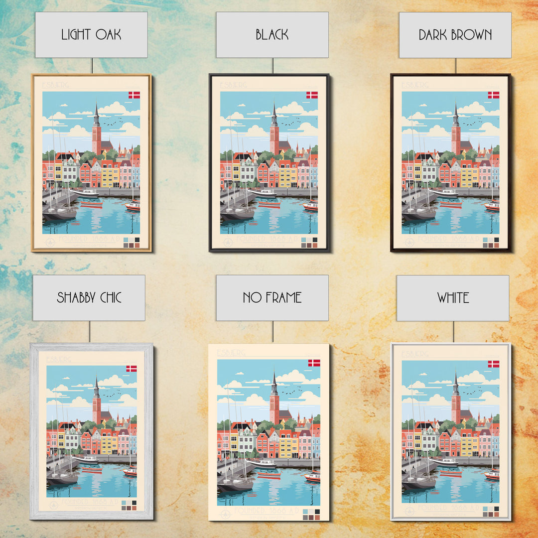 Esbjerg Denmark Travel Poster Framed Canvas Print, Midcentury Modern Art, Pop Art Wall Decor, Scenic Bedroom Art, Office Decoration