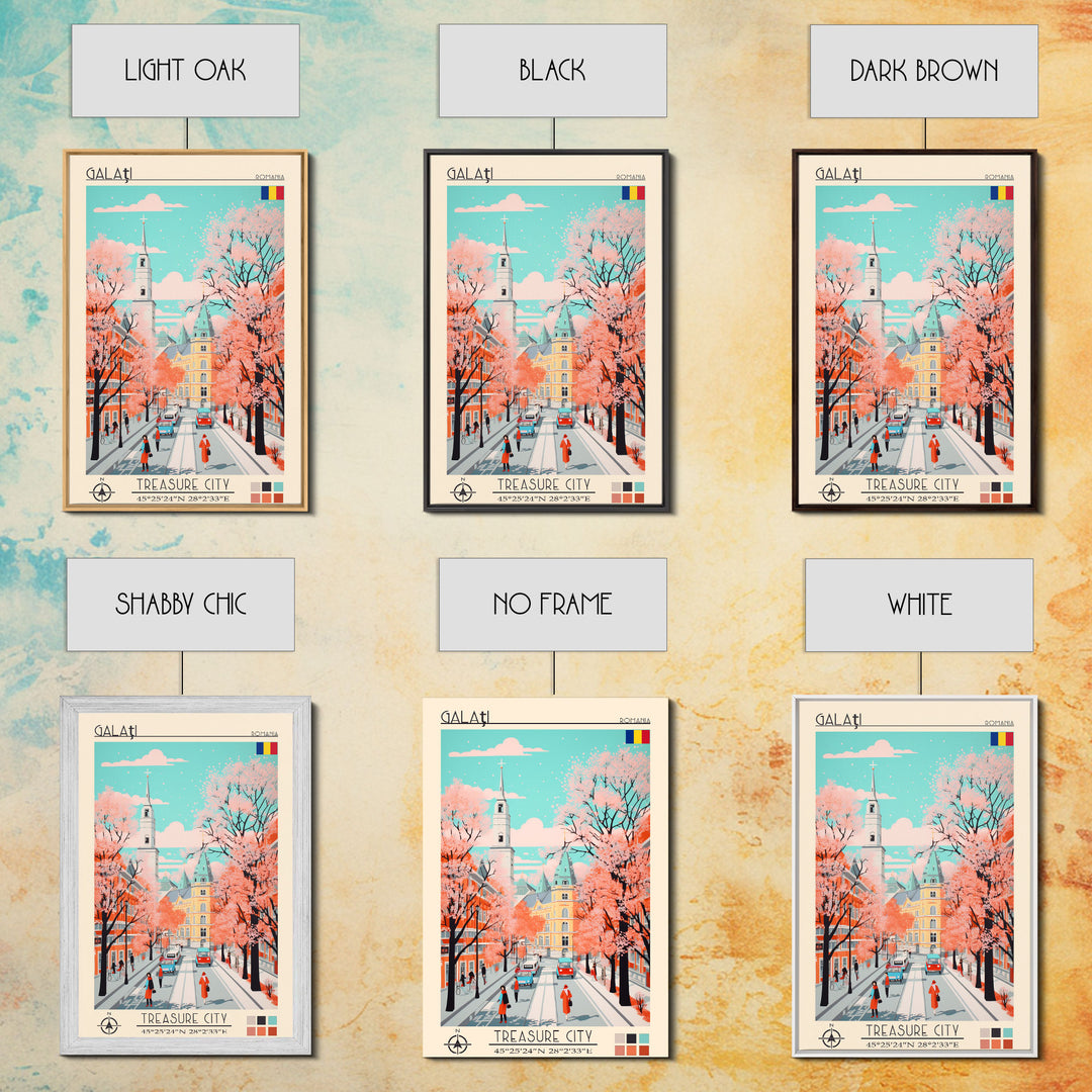 Galați Romania Travel Poster Framed Canvas Print, Midcentury Modern Art, Pop Art Wall Decor, Scenic Wall Art, Bedroom Decoration, Office Art