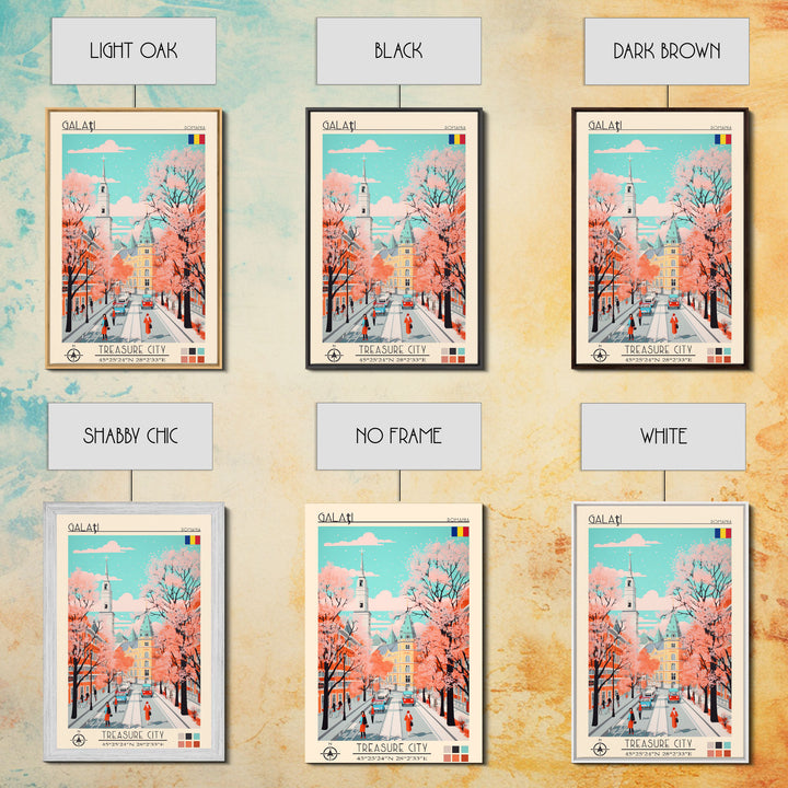 Galați Romania Travel Poster Framed Canvas Print, Midcentury Modern Art, Pop Art Wall Decor, Scenic Wall Art, Bedroom Decoration, Office Art