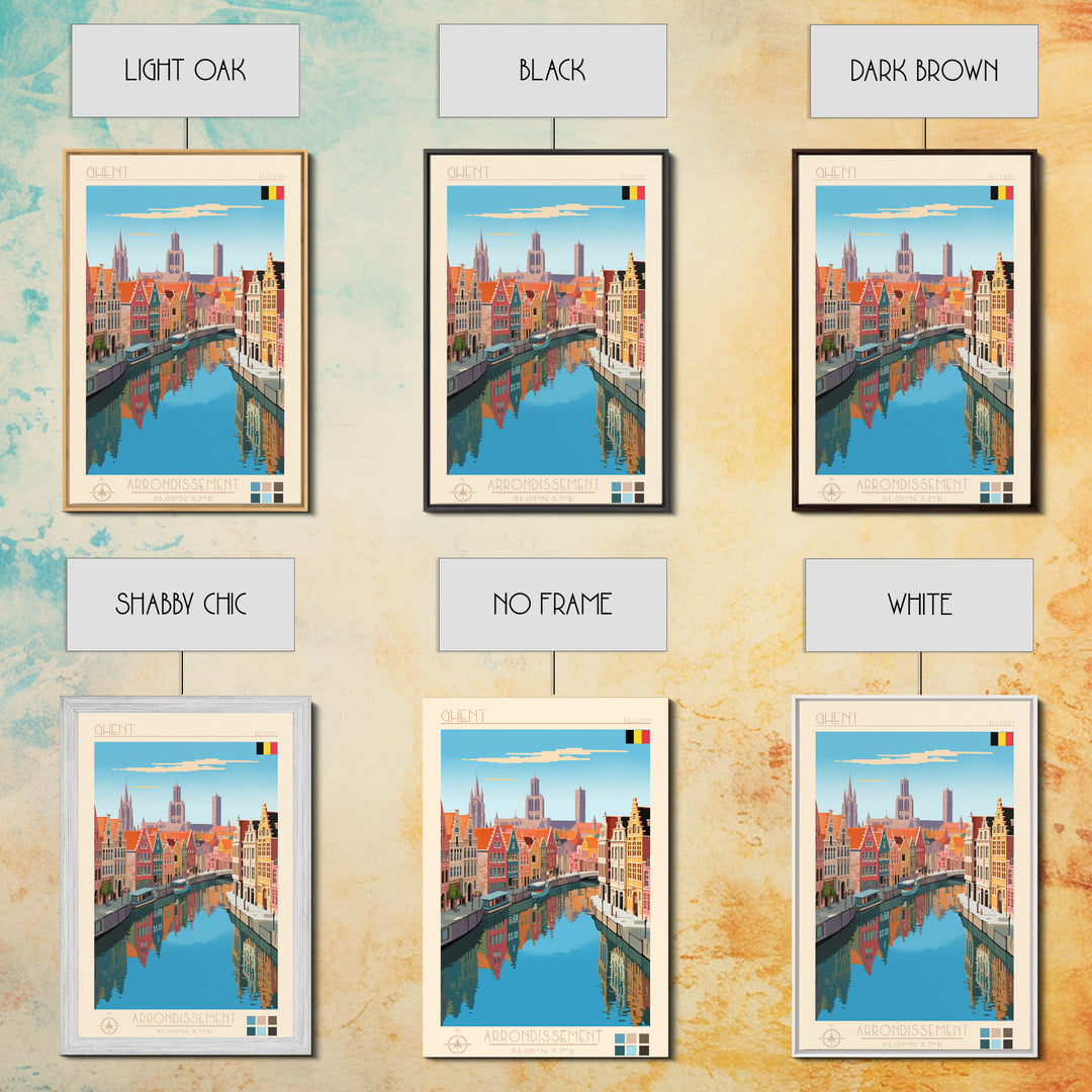Ghent Belgium Travel Poster Framed Canvas Print, Midcentury Modern Art, Pop Art Wall Decor, Scenic Wall Art, Living Room Decoration, Office Art