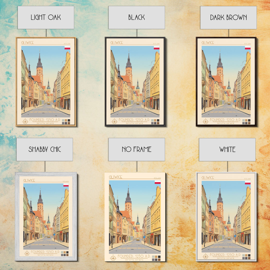 Gliwice Poland Travel Poster Framed Canvas Print, Midcentury Modern Art, Pop Art Wall Decor, Scenic Living Room Art, Bedroom Decor