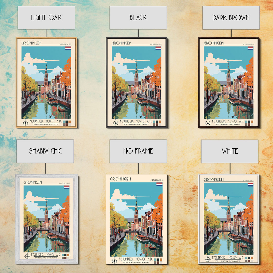 Groningen Netherlands Travel Poster Framed Canvas Print, Midcentury Modern Art, Pop Art Wall Decor, Scenic Living Room Art, Bedroom Gift