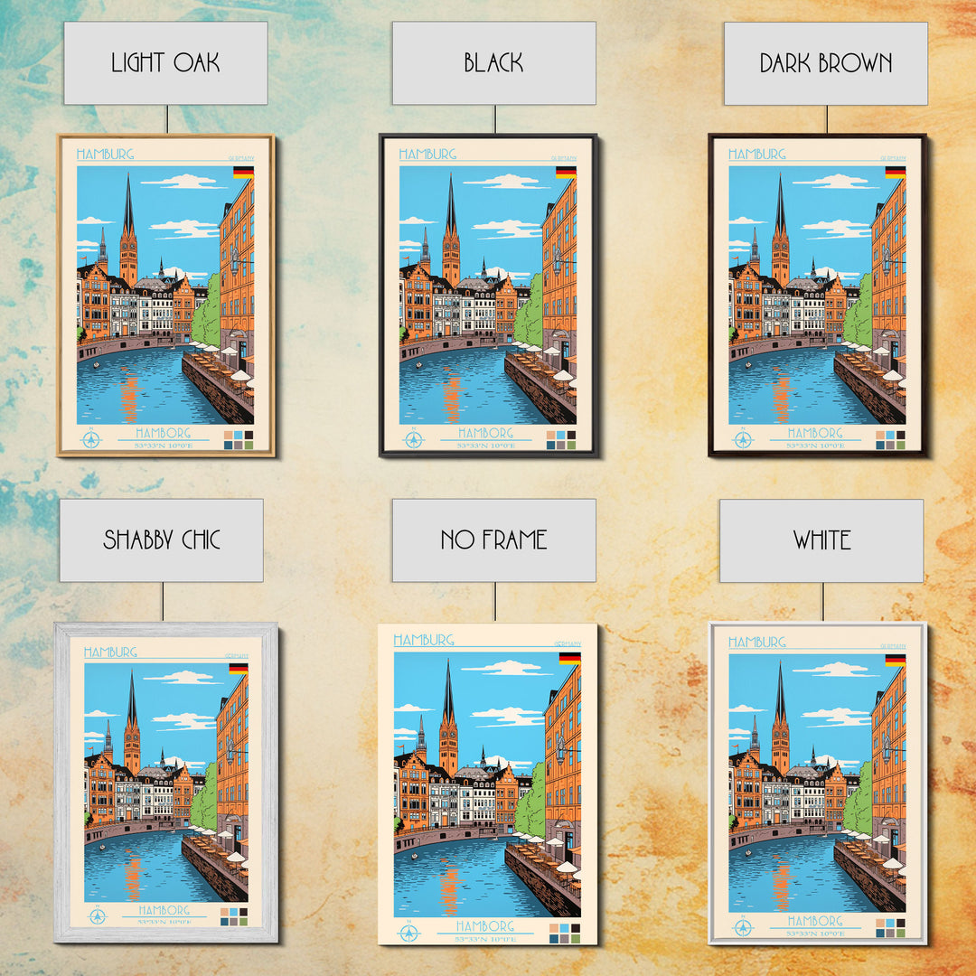 Hamburg Germany Travel Poster Framed Canvas Print, Midcentury Modern Art, Pop Art Wall Decor, Scenic Wall Art, Bedroom Decoration, Office Art