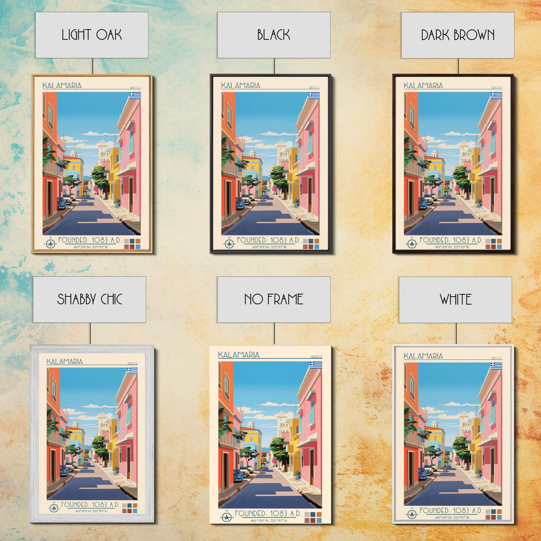 Kalamaria Greece Travel Poster Framed Canvas Print, Midcentury Modern Art, Pop Art Wall Decor, Scenic Wall Art, Living Room Decoration, Office Art