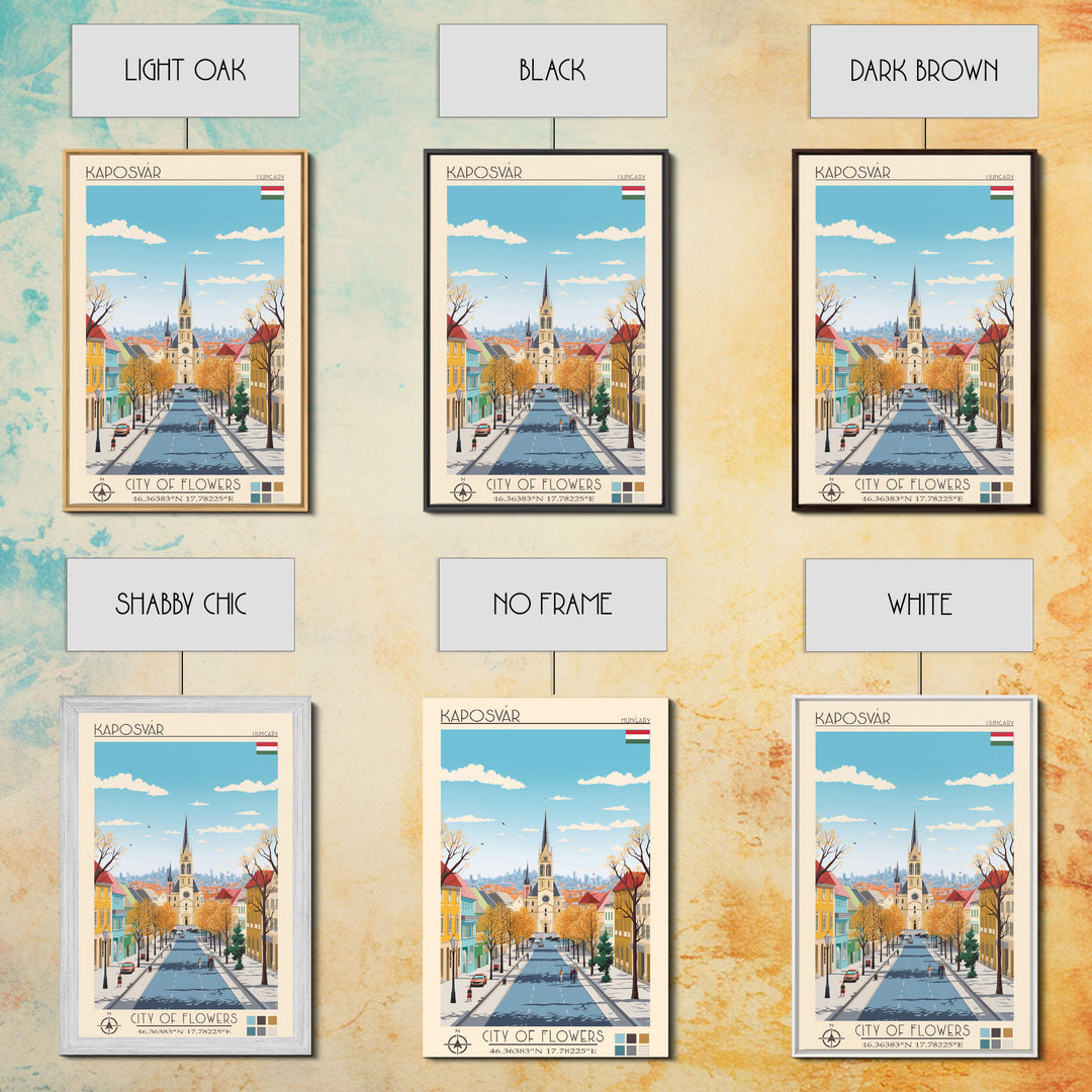 Kaposvár Hungary Travel Poster Framed Canvas Print, Midcentury Modern Art, Pop Art Wall Decor, Scenic Bedroom Art, Office Decoration