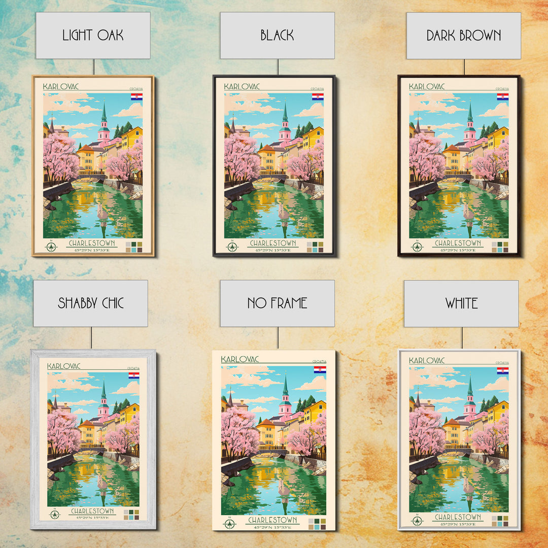 Karlovac Croatia Travel Poster Framed Canvas Print, Midcentury Modern Art, Pop Art Wall Decor, Scenic Living Room Art, Bedroom Decor