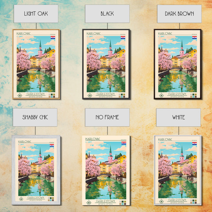 Karlovac Croatia Travel Poster Framed Canvas Print, Midcentury Modern Art, Pop Art Wall Decor, Scenic Living Room Art, Bedroom Decor
