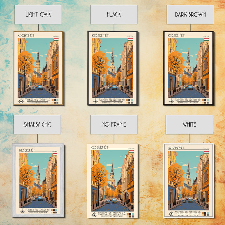 Kecskemét Hungary Travel Poster Framed Canvas Print, Midcentury Modern Art, Pop Art Wall Decor, Scenic Living Room Art, Bedroom Decor