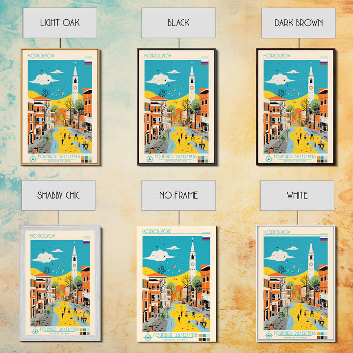 Korolyov Russia Travel Poster Framed Canvas Print, Midcentury Modern Art, Pop Art Wall Decor, Scenic Bedroom Art, Office Decoration