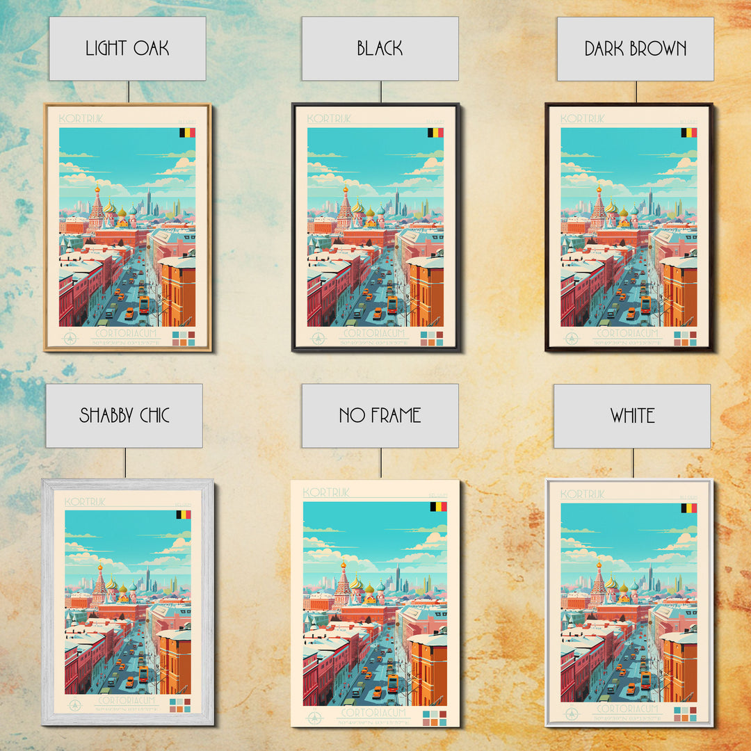 Kortrijk Belgium Travel Poster Framed Canvas Print, Midcentury Modern Art, Pop Art Wall Decor, Scenic Living Room Art, Bedroom Decor