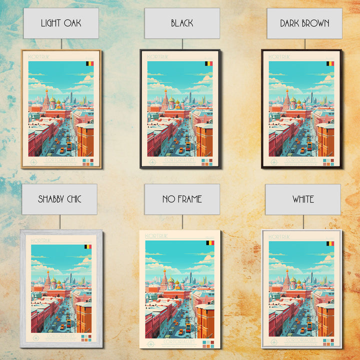 Kortrijk Belgium Travel Poster Framed Canvas Print, Midcentury Modern Art, Pop Art Wall Decor, Scenic Living Room Art, Bedroom Decor