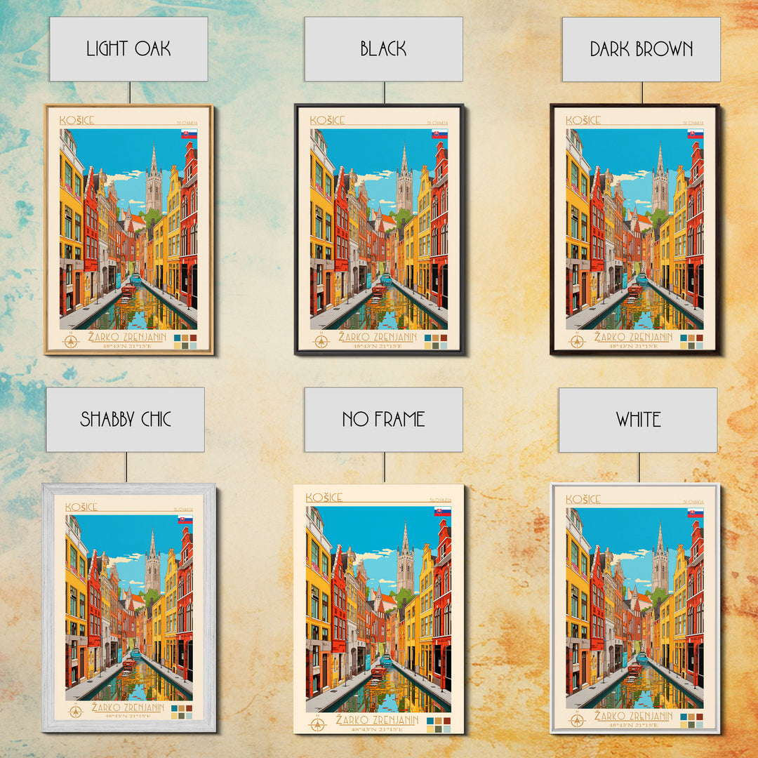 Košice Slovakia Travel Poster Framed Canvas Print, Midcentury Modern Art, Pop Art Wall Decor, Scenic Living Room Art, Bedroom Gift