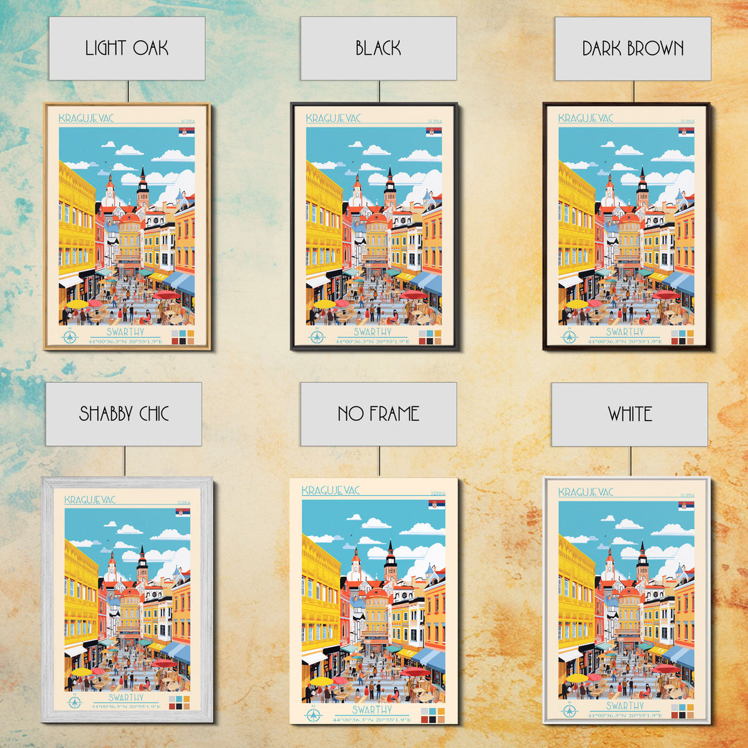 Kragujevac Serbia Travel Poster Framed Canvas Print, Midcentury Modern Art, Pop Art Wall Decor, Scenic Wall Art, Living Room Decoration, Office Art