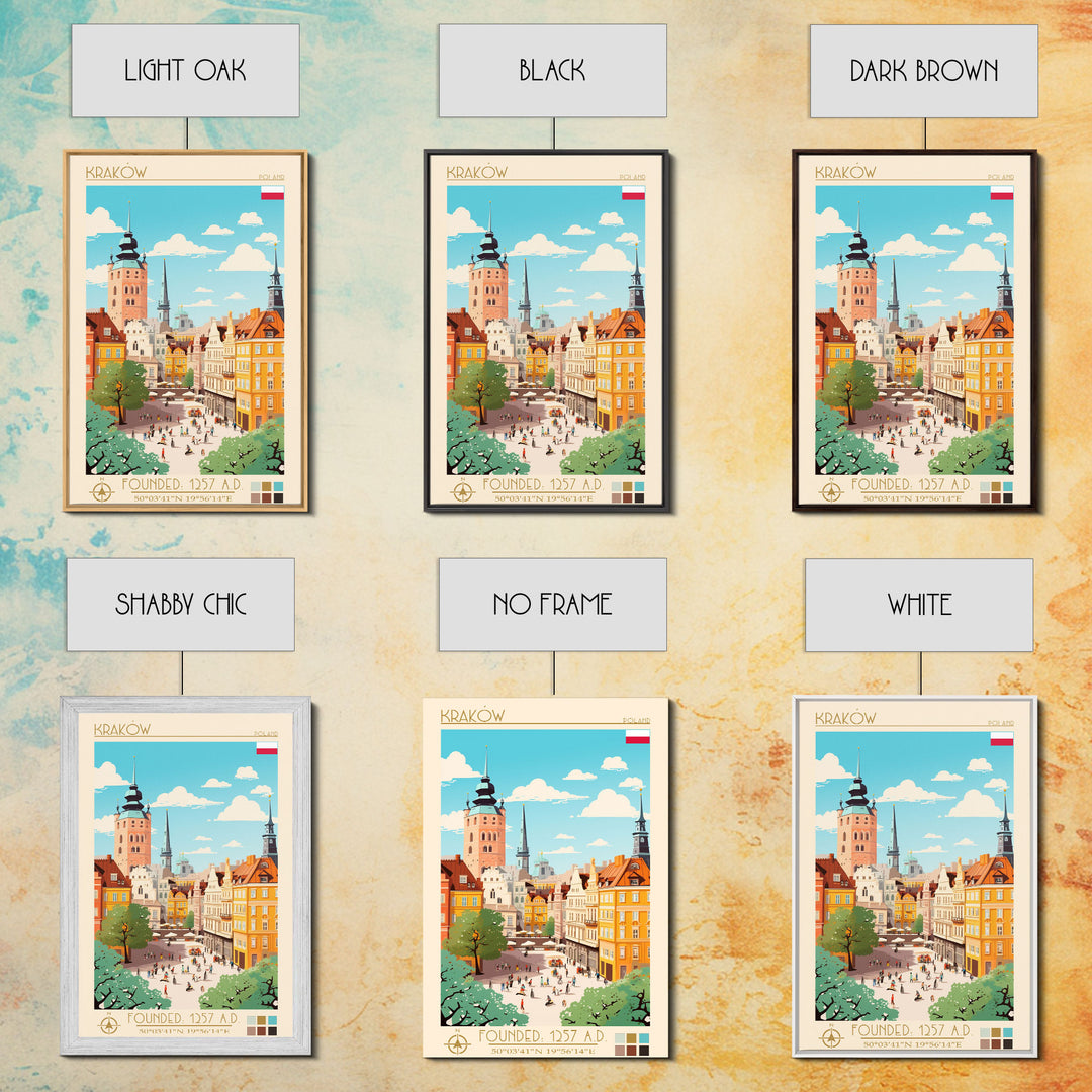 Kraków Poland Travel Poster Framed Canvas Print, Midcentury Modern Art, Pop Art Wall Decor, Home Decor, Vacation Gift, Bedroom Art