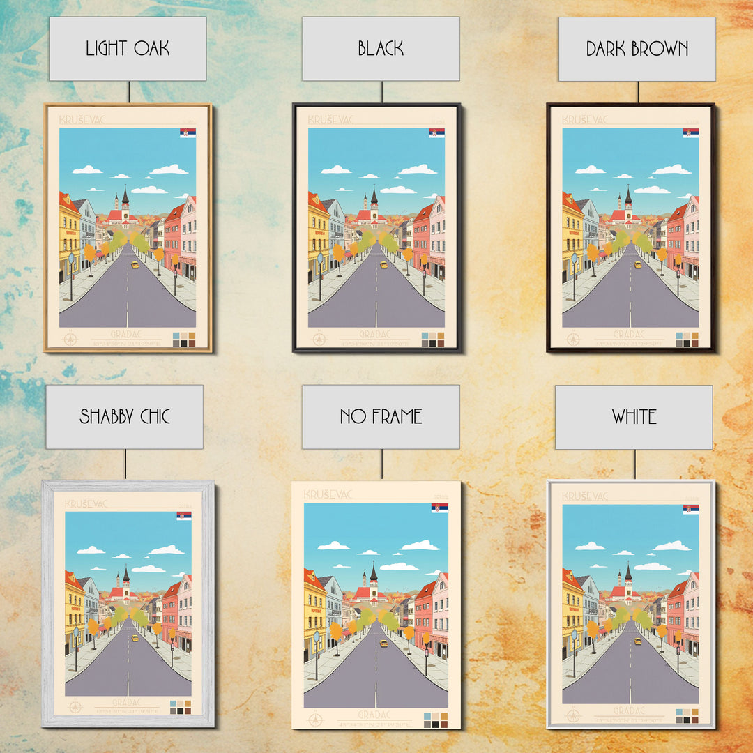 Kruševac Serbia Travel Poster Framed Canvas Print, Midcentury Modern Art, Pop Art Wall Decor, Scenic Living Room Art, Bedroom Gift