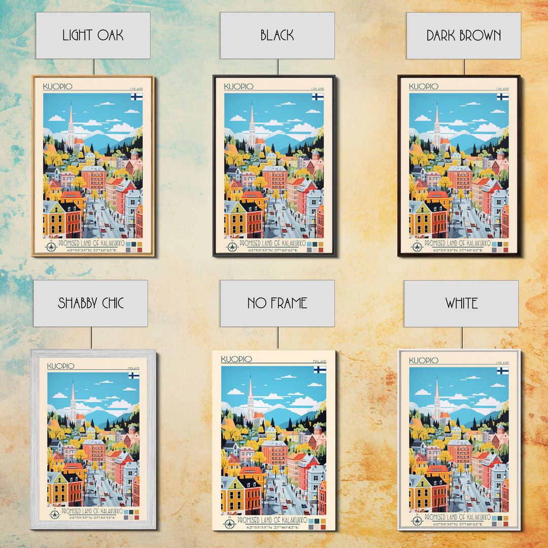 Kuopio Finland Travel Poster Framed Canvas Print, Midcentury Modern Art, Pop Art Wall Decor, Home Decor, Vacation Gift, Bedroom Art