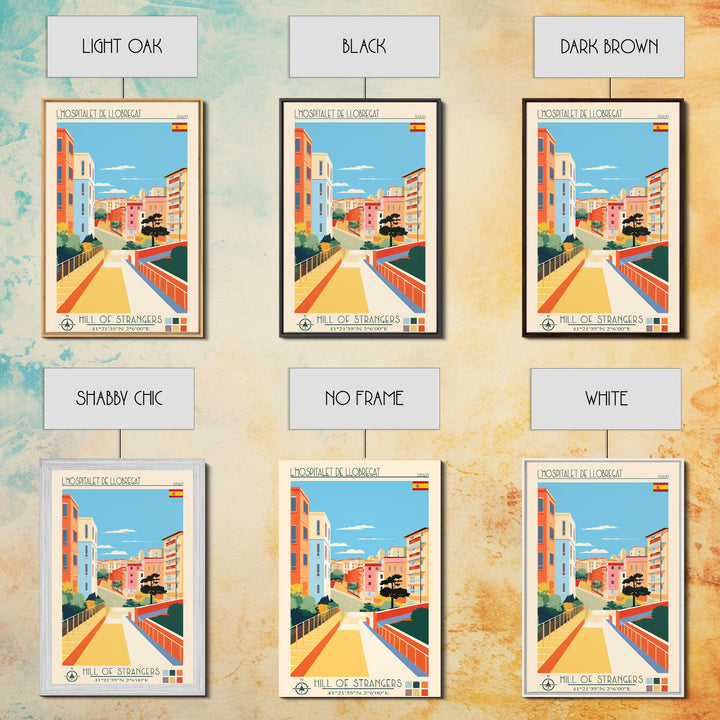 L'Hospitalet de Llobregat Spain Travel Poster Framed Canvas Print, Midcentury Modern Art, Pop Art Wall Decor, Home Decor, Vacation Gift, Office Art