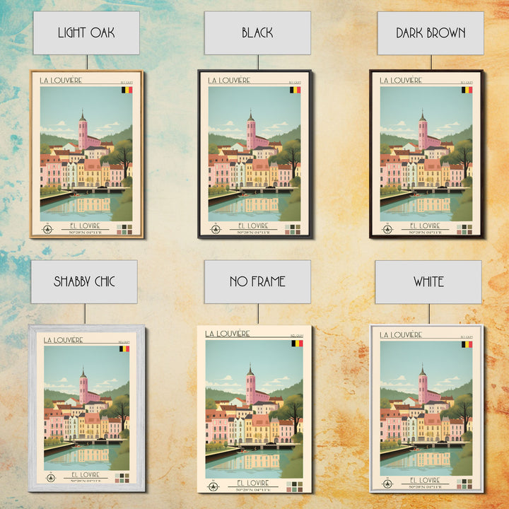 La Louvière Belgium Travel Poster Framed Canvas Print, Midcentury Modern Art, Pop Art Wall Decor, Scenic Living Room Art, Bedroom Gift