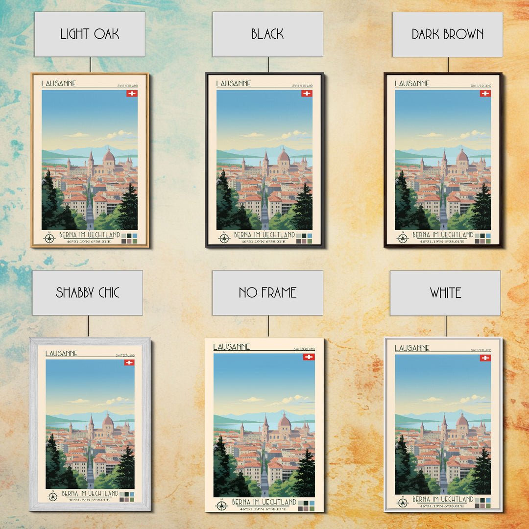 Lausanne Switzerland Travel Poster Framed Canvas Print, Midcentury Modern Art, Pop Art Wall Decor, Scenic Wall Art, Living Room Decoration, Office Art