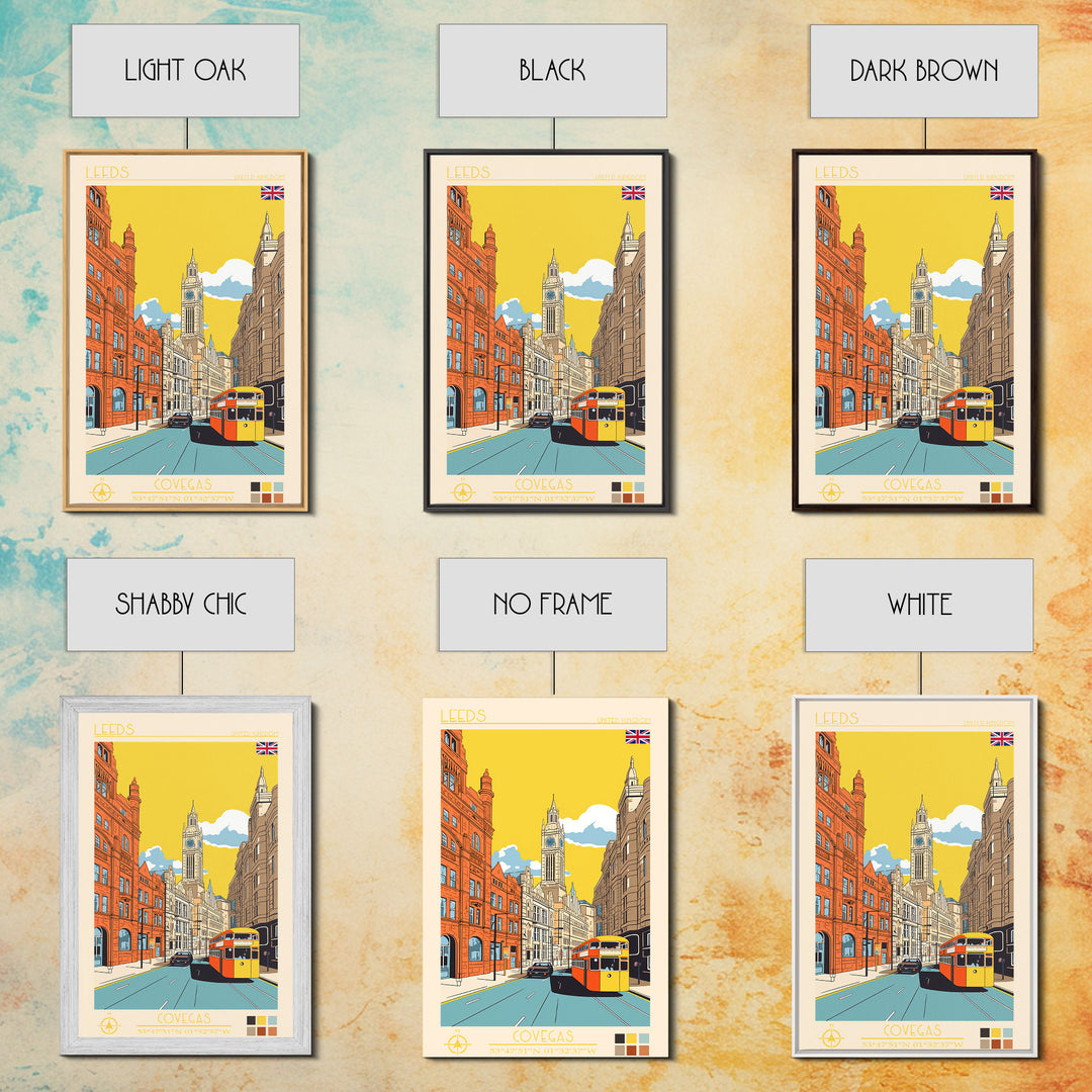 Leeds United Kingdom Travel Poster Framed Canvas Print, Midcentury Modern Art, Pop Art Wall Decor, Scenic Living Room Art, Bedroom Decor