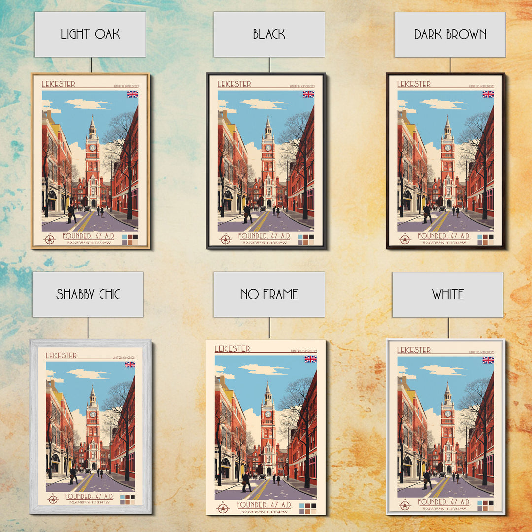 Leicester United Kingdom Travel Poster Framed Canvas Print, Midcentury Modern Art, Pop Art Wall Decor, Home Decor, Vacation Gift, Office Art