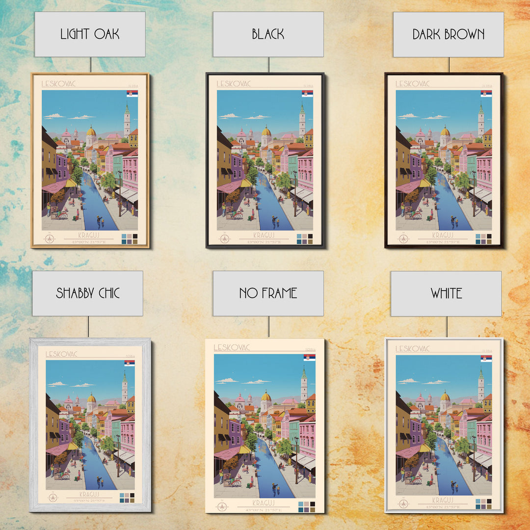 Leskovac Serbia Travel Poster Framed Canvas Print, Midcentury Modern Art, Pop Art Wall Decor, Scenic Wall Art, Living Room Decoration, Office Art