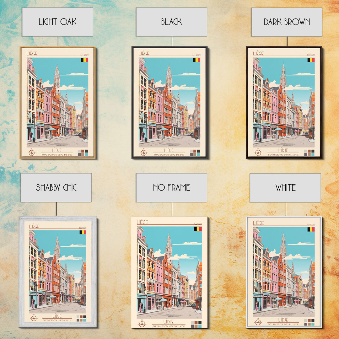 Liège Belgium Travel Poster Framed Canvas Print, Midcentury Modern Art, Pop Art Wall Decor, Scenic Art, Home and Office Decoration