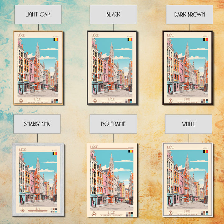 Liège Belgium Travel Poster Framed Canvas Print, Midcentury Modern Art, Pop Art Wall Decor, Scenic Art, Home and Office Decoration