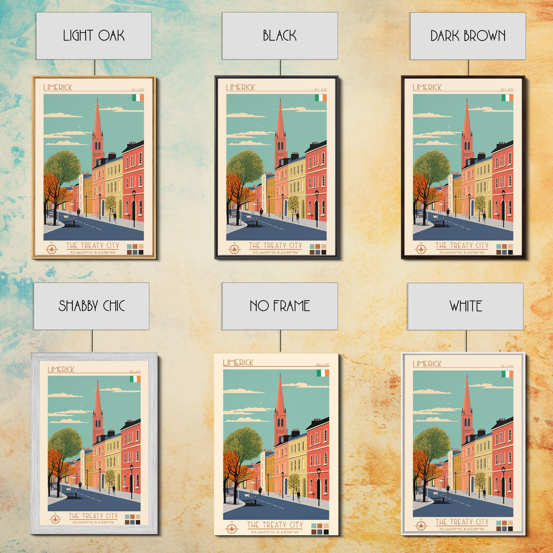 Limerick Ireland Travel Poster Framed Canvas Print, Wall Decor, Midcentury Modern Art, Pop Art, Scenic Art for Bedroom and Office