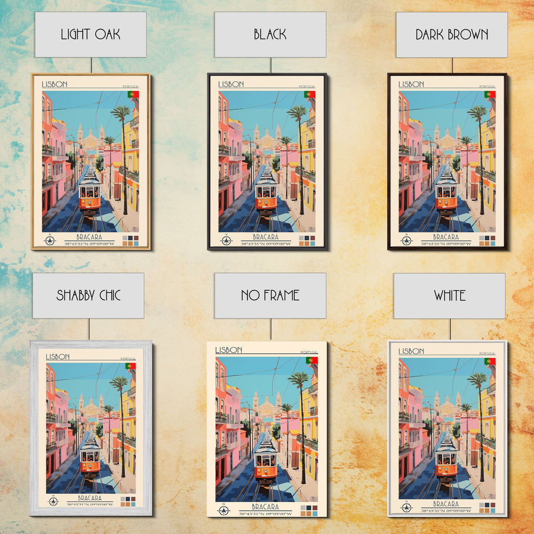 Lisbon Portugal Travel Poster Framed Canvas Print, Midcentury Modern Art, Pop Art Wall Decor, Scenic Art, Living Room and Office Gift