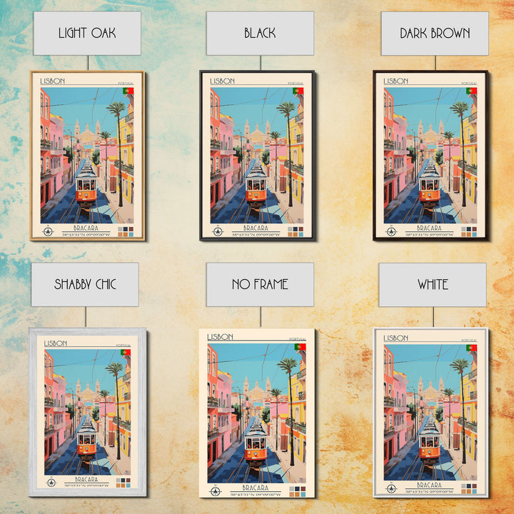 Lisbon Portugal Travel Poster Framed Canvas Print, Midcentury Modern Art, Pop Art Wall Decor, Scenic Art, Living Room and Office Gift