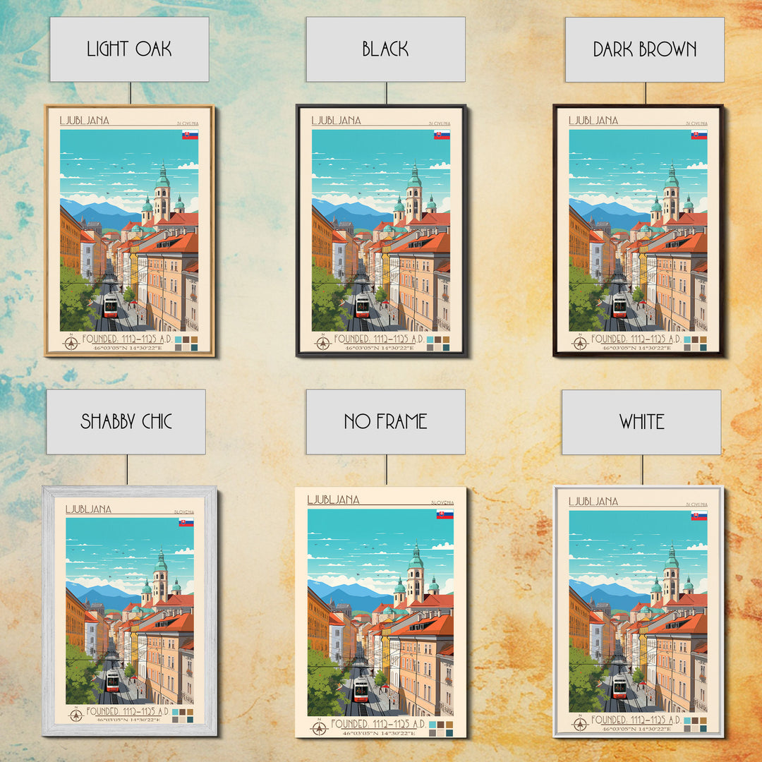 Ljubljana Slovenia Travel Poster Framed Canvas Print, Wall Decor, Midcentury Modern Art, Pop Art, Scenic Art for Bedroom and Living Room