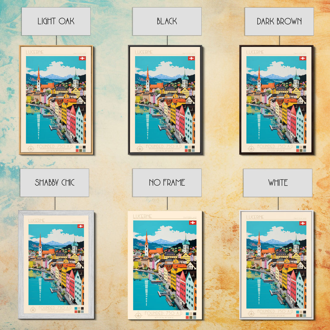 Lucerne Switzerland Travel Poster Framed Canvas Print, Midcentury Modern Art, Pop Art Wall Decor, Scenic Art, Living Room and Office Gift
