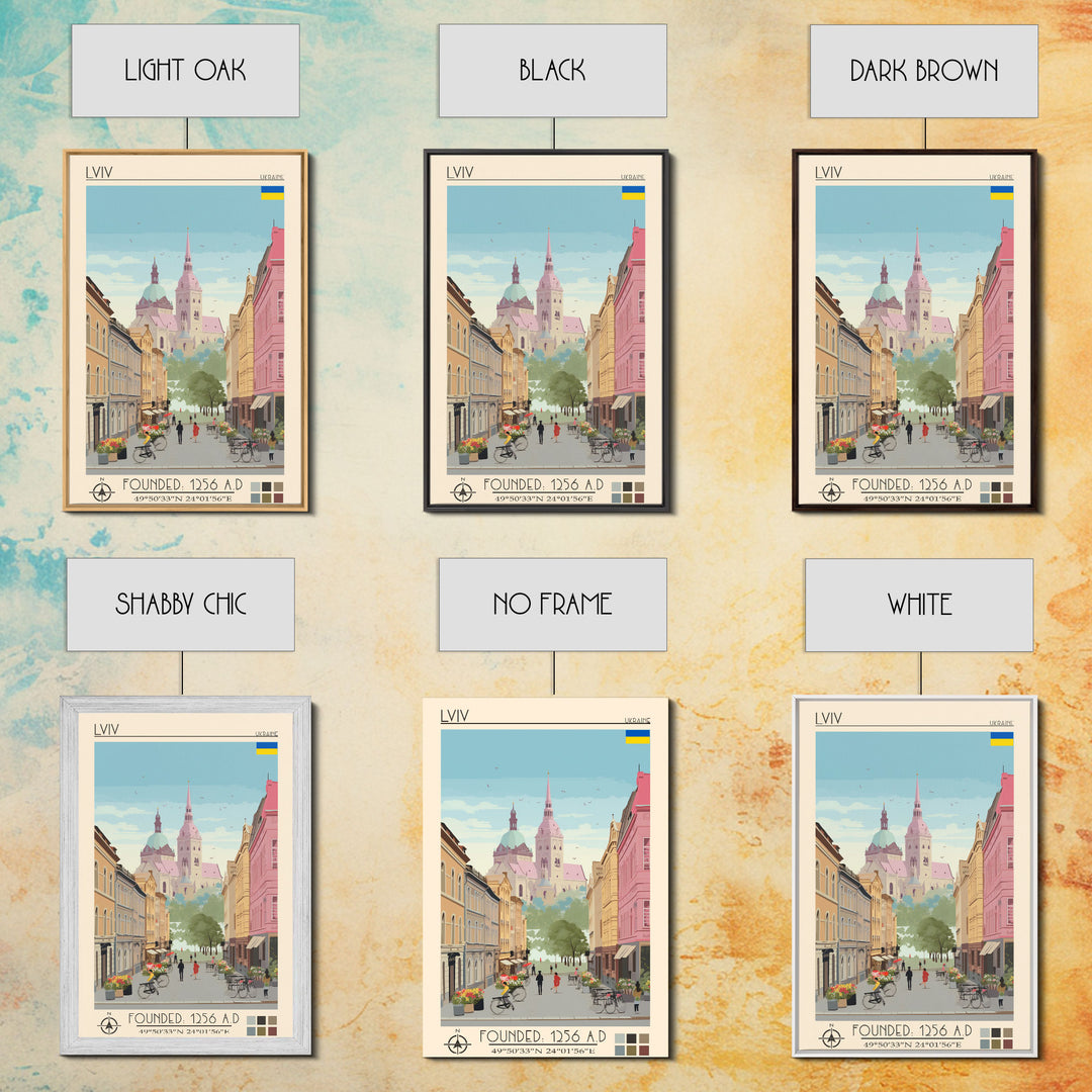 Lviv Ukraine Travel Poster Framed Canvas Print, Wall Decor, Midcentury Modern Art, Pop Art, Scenic Art for Home and Office