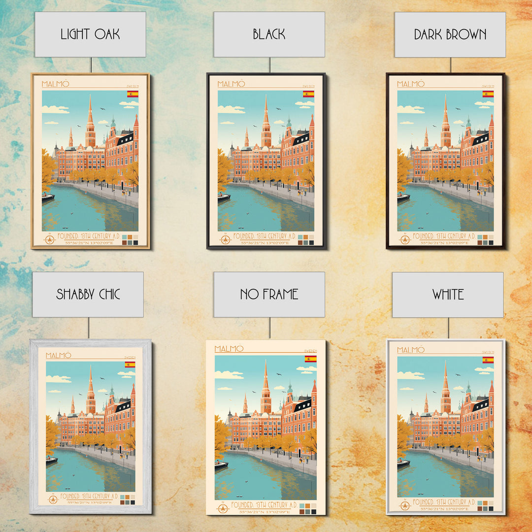 Malmö Sweden Travel Poster Framed Canvas Print, Midcentury Modern Art, Pop Art Wall Decor, Scenic Wall Art, Bedroom Decoration