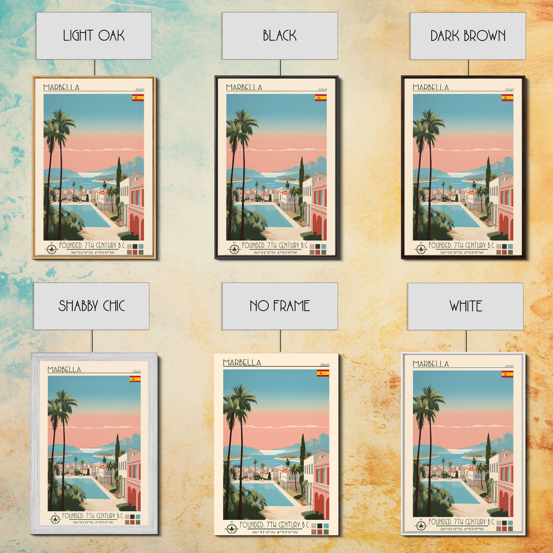 Marbella Spain Travel Poster Framed Canvas Print, Midcentury Modern Art, Pop Art Wall Decor, Scenic Living Room Art, Bedroom Decor