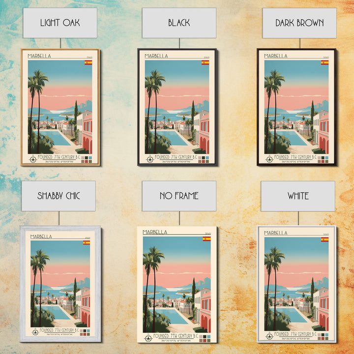 Marbella Spain Travel Poster Framed Canvas Print, Midcentury Modern Art, Pop Art Wall Decor, Scenic Living Room Art, Bedroom Decor