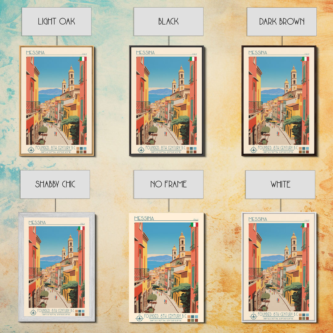 Messina Italy Travel Poster Framed Canvas Print, Midcentury Modern Art, Pop Art Wall Decor, Scenic Wall Art, Bedroom Decoration
