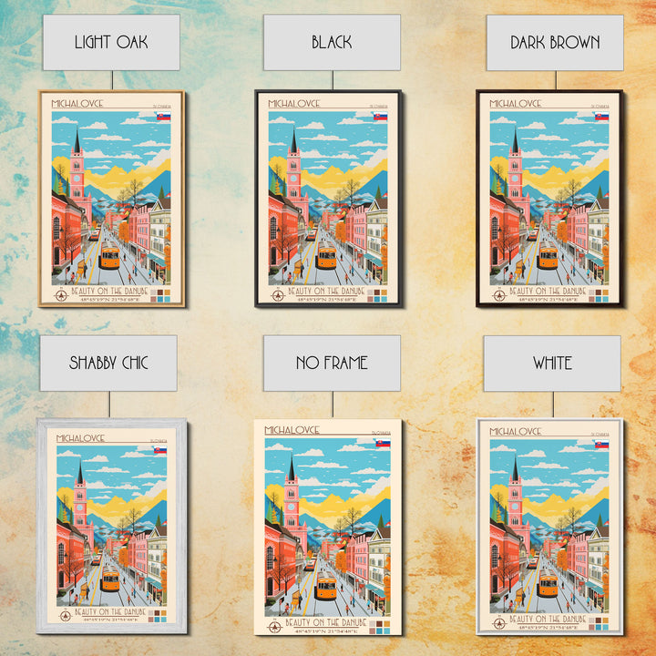 Michalovce Slovakia Travel Poster Framed Canvas Print, Midcentury Modern Art, Pop Art Wall Decor, Scenic Wall Art, Living Room Decoration, Office Art