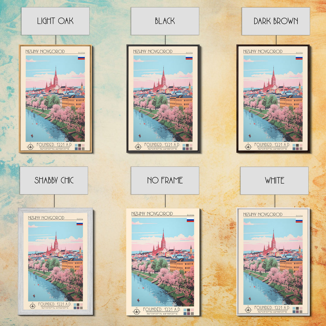 Nizhny Novgorod Russia Travel Poster Framed Canvas Print, Midcentury Modern Art, Pop Art Wall Decor, Scenic Bedroom Art, Office Decoration