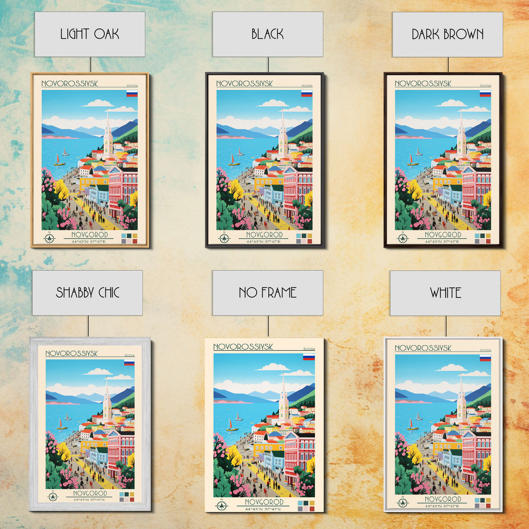 Novorossiysk Russia Travel Poster Framed Canvas Print, Midcentury Modern Art, Pop Art Wall Decor, Scenic Bedroom Art, Office Decoration