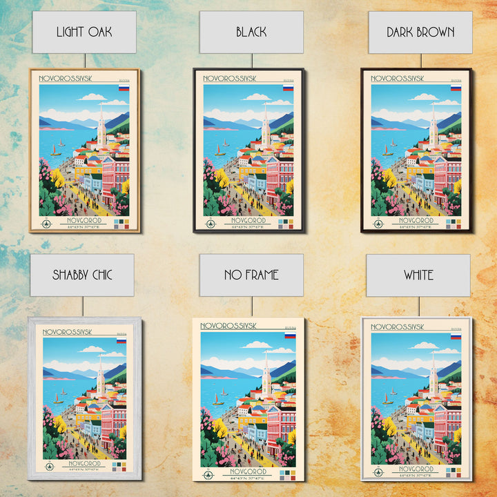 Novorossiysk Russia Travel Poster Framed Canvas Print, Midcentury Modern Art, Pop Art Wall Decor, Scenic Bedroom Art, Office Decoration