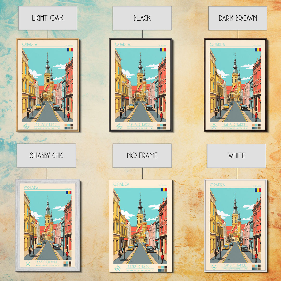 Oradea Romania Travel Poster Framed Canvas Print, Midcentury Modern Art, Pop Art Wall Decor, Scenic Bedroom Art, Office Decoration
