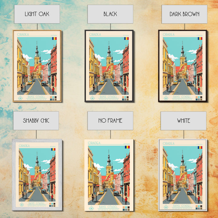 Oradea Romania Travel Poster Framed Canvas Print, Midcentury Modern Art, Pop Art Wall Decor, Scenic Bedroom Art, Office Decoration