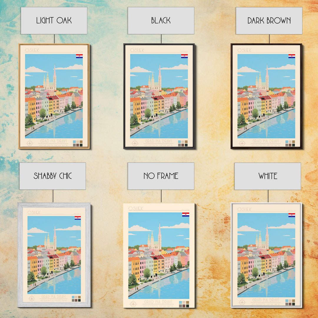 Osijek Croatia Travel Poster Framed Canvas Print, Midcentury Modern Art, Pop Art Wall Decor, Home Decor, Vacation Gift, Office Art