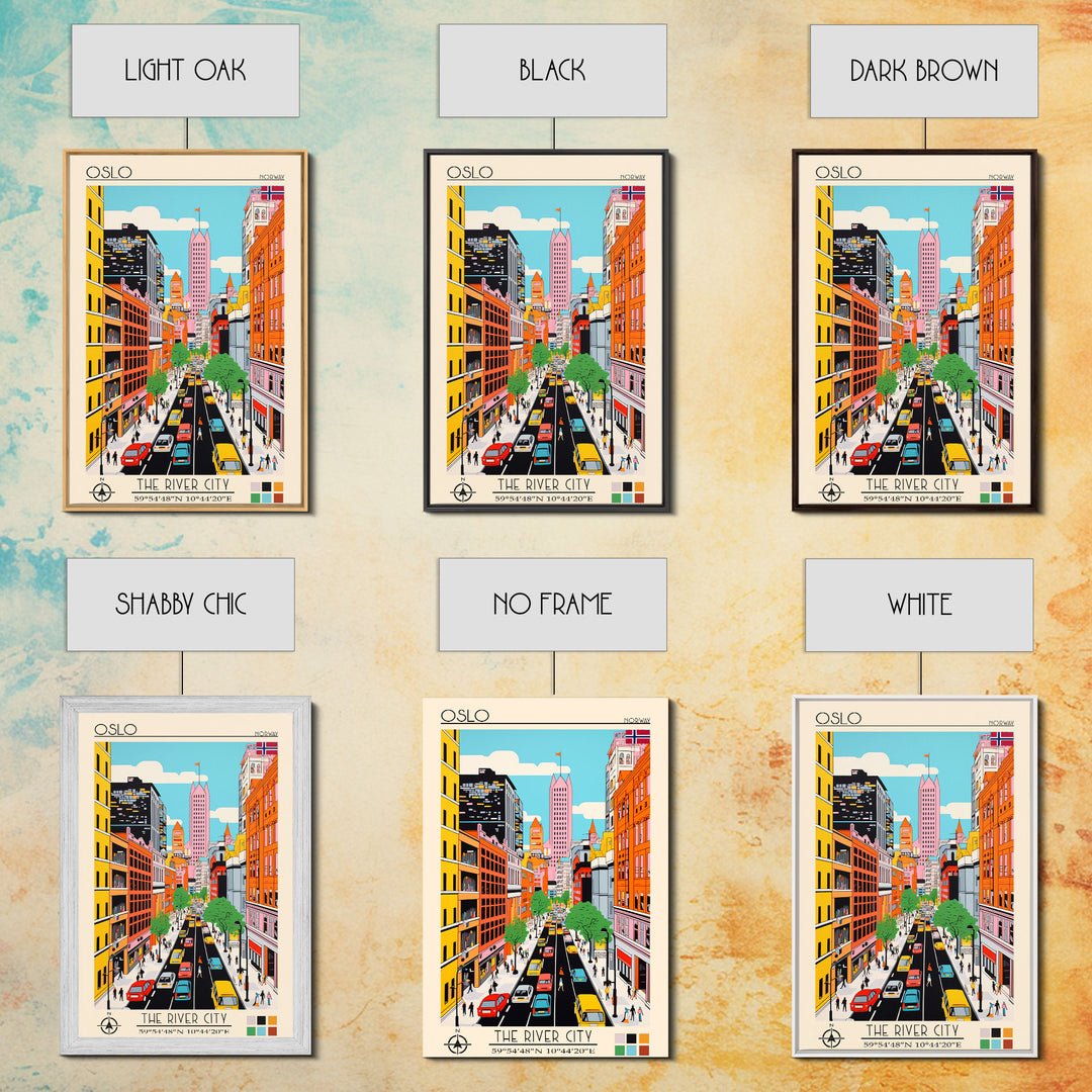 Oslo Norway Travel Poster Framed Canvas Print, Midcentury Modern Art, Pop Art Wall Decor, Scenic Living Room Art, Bedroom Gift