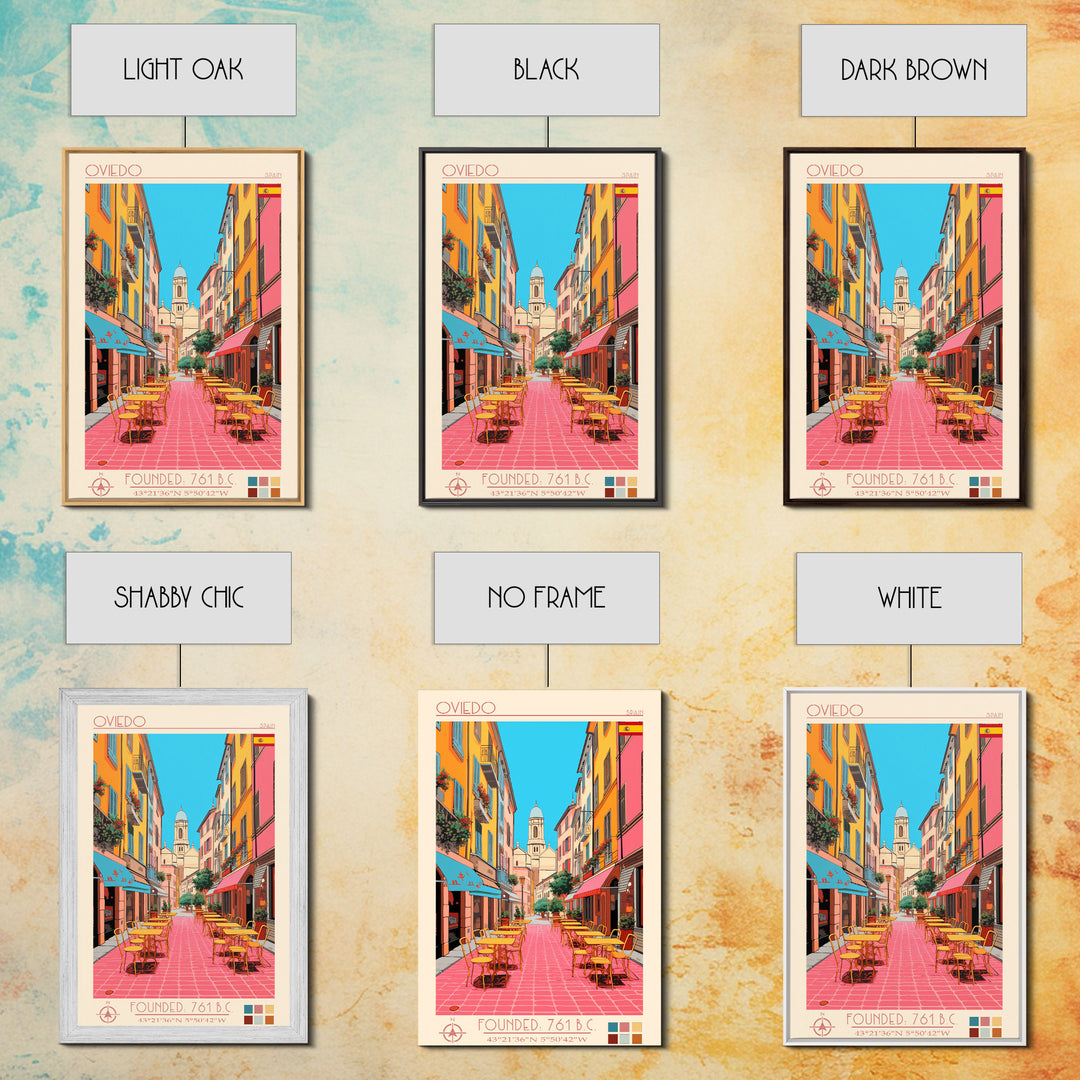 Oviedo Spain Travel Poster Framed Canvas Print, Midcentury Modern Art, Pop Art Wall Decor, Scenic Wall Art, Bedroom Decoration