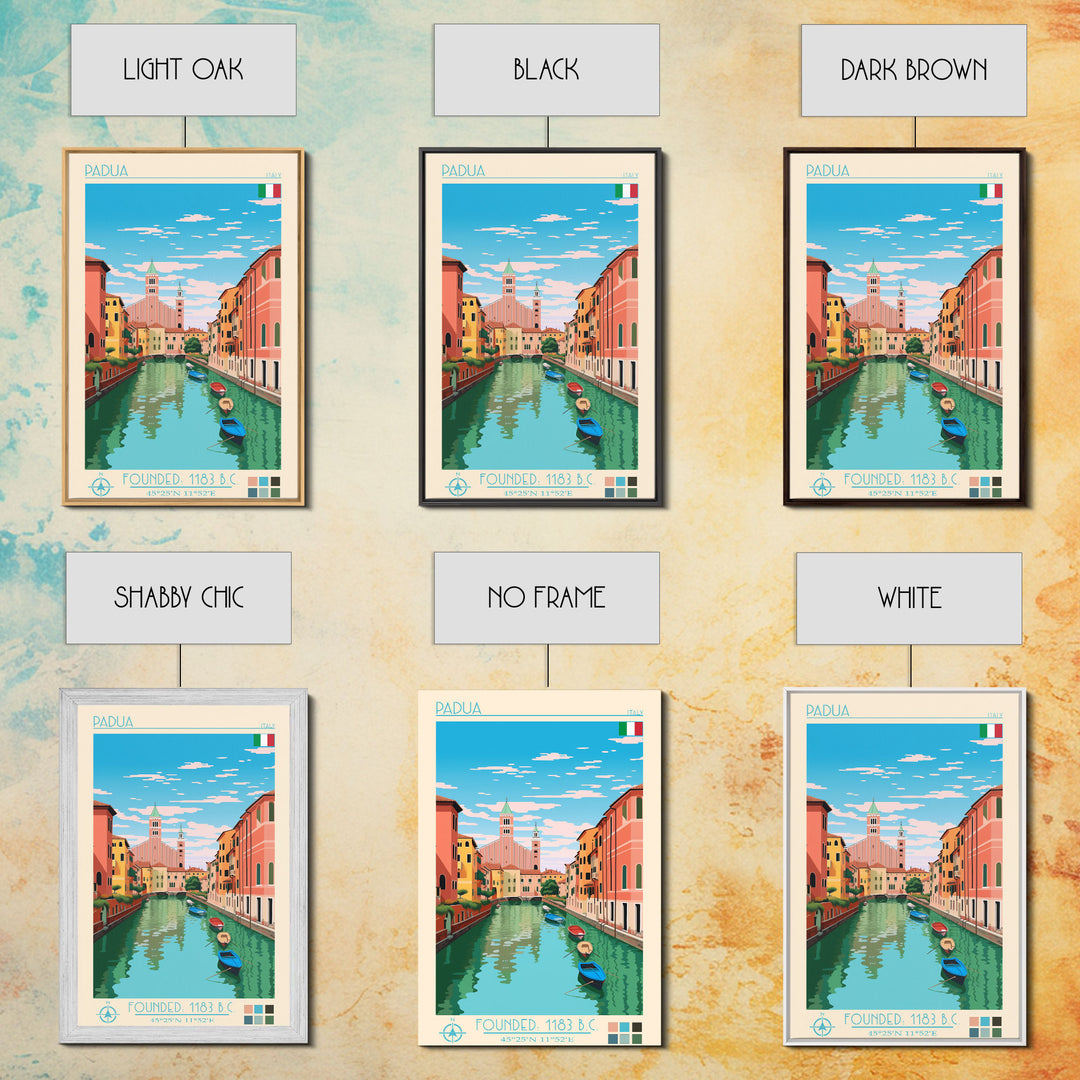 Padua Italy Travel Poster Framed Canvas Print, Midcentury Modern Art, Pop Art Wall Decor, Scenic Bedroom Art, Office Decoration