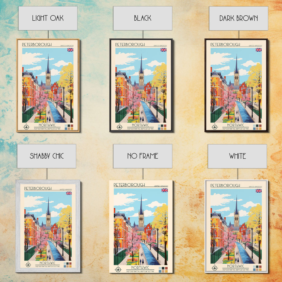 Peterborough United Kingdom Travel Poster Framed Canvas Print, Midcentury Modern Art, Pop Art Wall Decor, Home Decor, Vacation Gift, Office Art